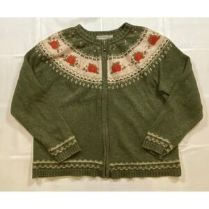 VTG Green Pumpkin Fair Isle Zip Up Sweater Casual Fall Cozy